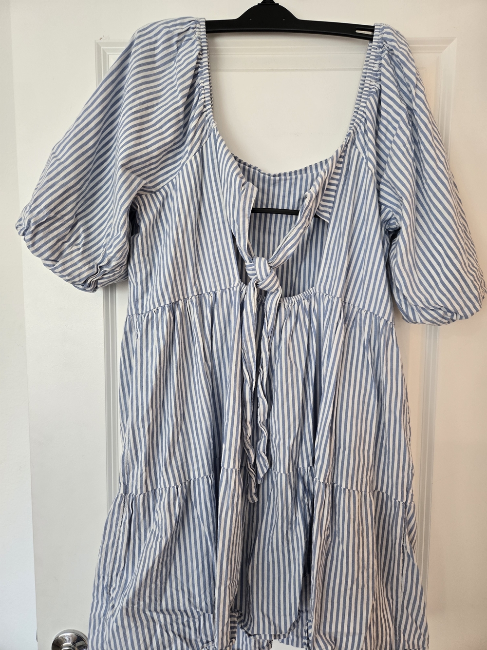 beachlunchlounge Blue and White Striped Puff-Sleeve Tiered Dress - Picture 2 of 2